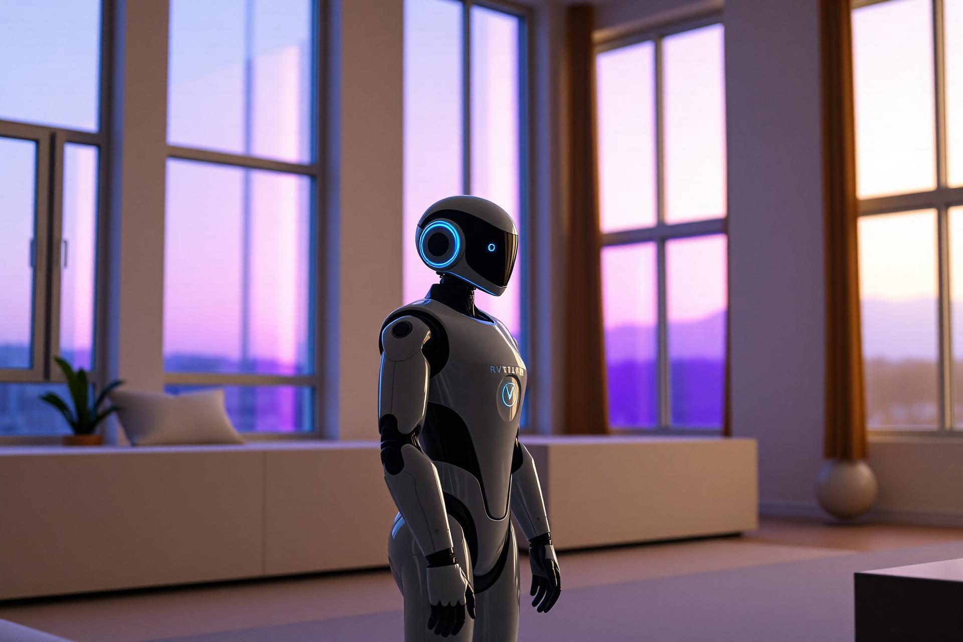 NEO humanoid home robot standing in a modern living room at dusk